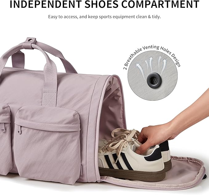 Aji Foldable Travel Duffel Bag for Women with Shoes Compartment, 3 in 1 Carry on Gym Bag with Removable Dry Wet Bag, Lightweight&Water Resistant Duffel Bag for Travel,Sports&Workout, Soft Pink