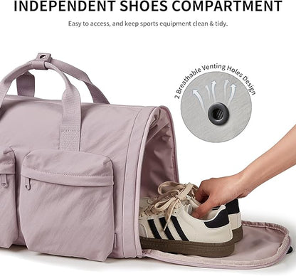 Aji Foldable Travel Duffel Bag for Women with Shoes Compartment, 3 in 1 Carry on Gym Bag with Removable Dry Wet Bag, Lightweight&Water Resistant Duffel Bag for Travel,Sports&Workout, Soft Pink