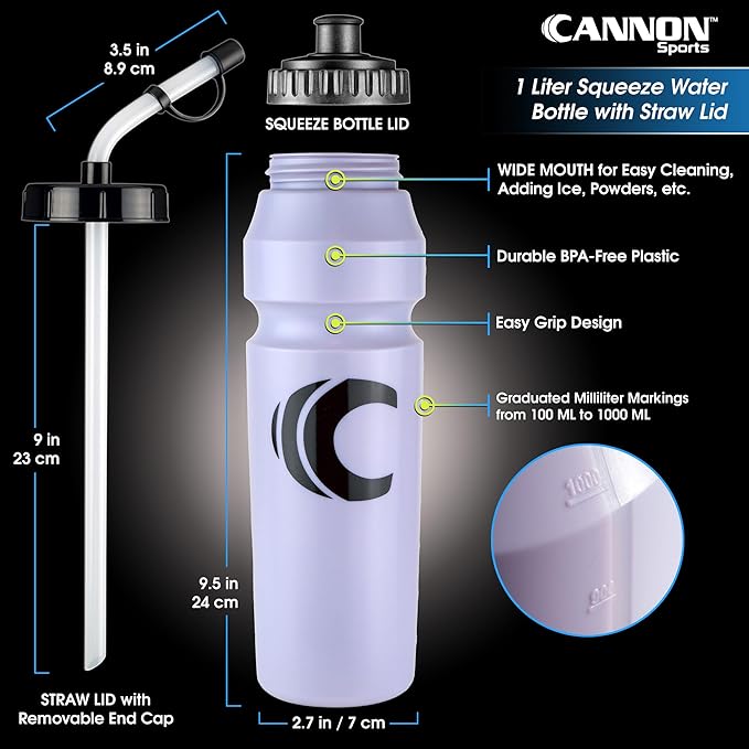 Cannon Sports 1 Liter Sports Water Bottle, BPA-Free, 34oz Capacity, Large Mouth, 2 lids (Straw & Squeeze) with Carrier, Great For Helmet Sports Such As Hockey, Lacrosse, Football, Boxing (Lavender)