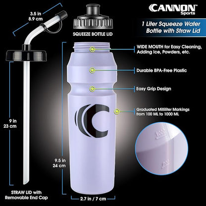 Cannon Sports 1 Liter Sports Water Bottle, BPA-Free, 34oz Capacity, Large Mouth, 2 lids (Straw & Squeeze) with Carrier, Great For Helmet Sports Such As Hockey, Lacrosse, Football, Boxing (Lavender)