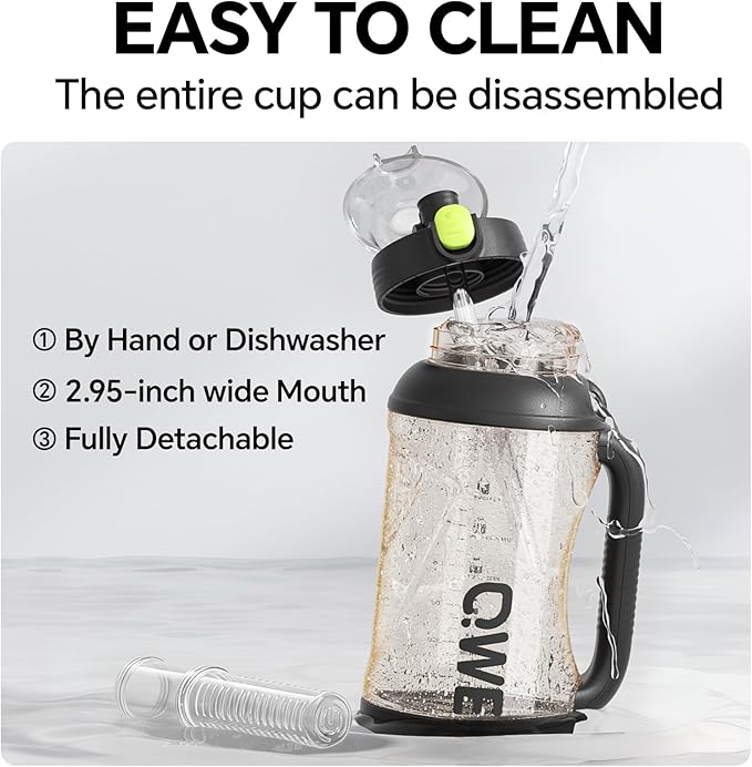 QWE Gym Plastic PPSU Water Bottles for men with Straw and Handle,Lightweight,54oz Large High-capacity for Hiking&Camping,Heat-resisting,Reusable, BPA Free,Double Drinking,leak proof(Black)