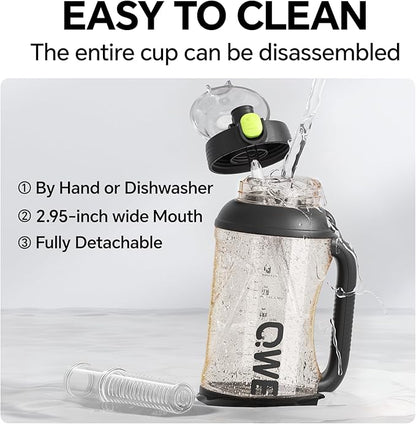 QWE Gym Plastic PPSU Water Bottles for men with Straw and Handle,Lightweight,54oz Large High-capacity for Hiking&Camping,Heat-resisting,Reusable, BPA Free,Double Drinking,leak proof(Black)
