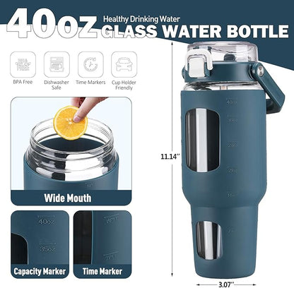 BLUEGO 40 oz Glass Water Bottle with Straw, Leakproof Glass Drinking Bottle with Time Marker and Silicone Sleeve, Wide Mouth Water Bottle for Travel, Gym, Workout, Dark Blue