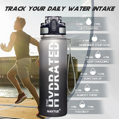 Water Bottle, 32oz Sports Water Bottles with Time Marker Wide Mouth, Motivational and Leakproof Drink Bottle, BPA Free Tritan with Carry Strap for Gym Fitness Outdoor (1 Bottle)
