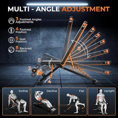 Adjustable Weight Bench, Foldable Incline Decline Flat Workout Bench Press with Extended Backrest, 80x40MM Heavy-Duty Steel Dumbbell Bench for Home Gym Full Body Strength Training