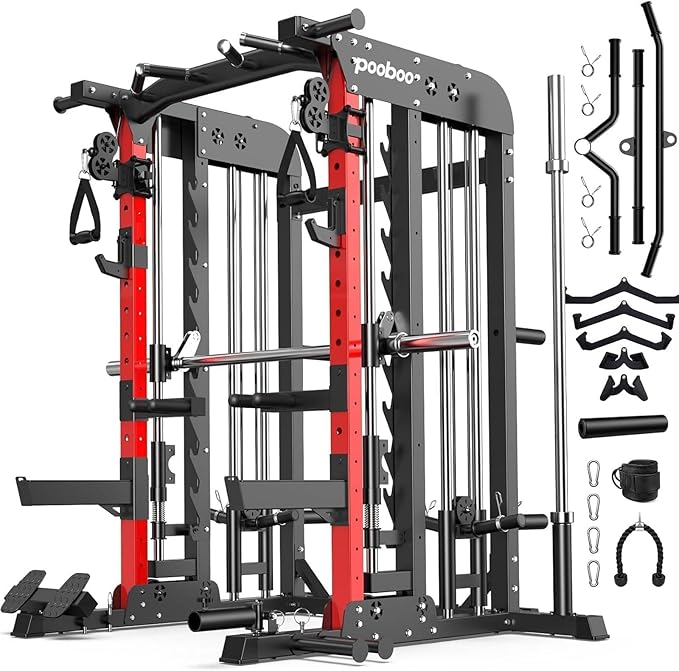pooboo Multi-Functional Machine Power Cage, 2000LB Squat Rack, LAT-Pull Down System, Dual Pulley Cable Crossover System, Home Gym Workout Machine with Strength Training Attachments