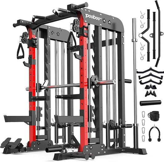 pooboo Multi-Functional Machine Power Cage, 2000LB Squat Rack, LAT-Pull Down System, Dual Pulley Cable Crossover System, Home Gym Workout Machine with Strength Training Attachments