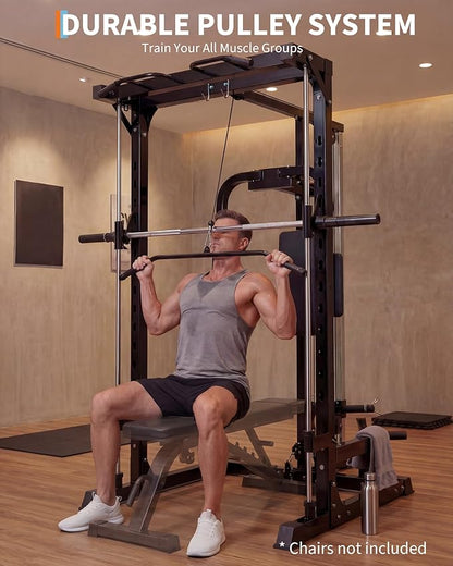 Smith Machine with Bench, Heavy Duty Power Cage Squat Rack with Smith Bar, LAT Pulldown System, Chest Station & More Training Attachment, Home Gym Equipment for Strengthen Training