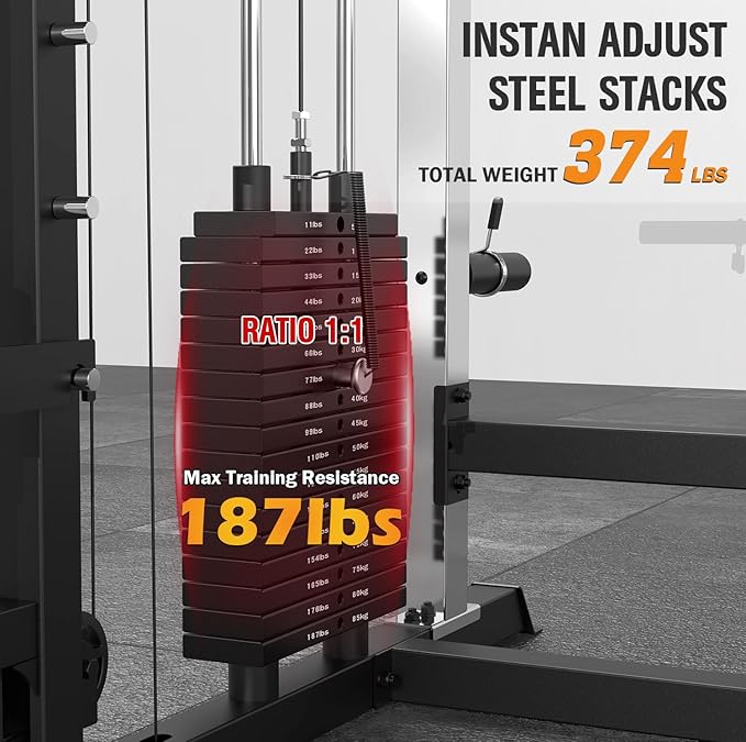 DONOW Smith Machine with Weight Stacks, Heavy Duty Home Gym System Power Cage Cable Crossover Machine Multi-Functional Trainer Ratio 1:1