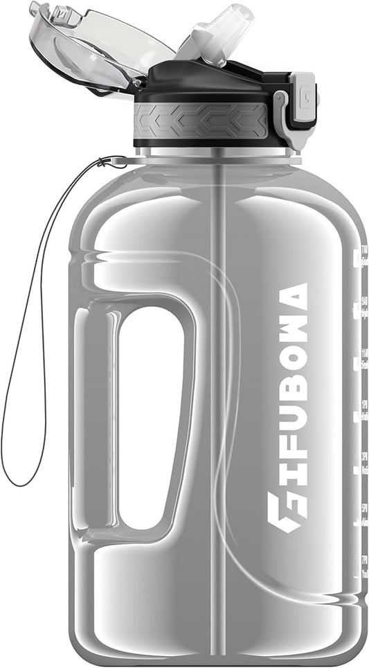 GIFUBOWA 2l Water Bottle with Straw Cap Large 2 litre Jug with Handle and Motivational 64oz Drinking Jug Transparent Grey