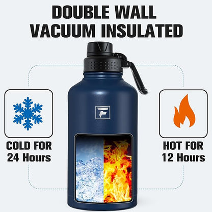 Fanhaw 64 oz Insulated Water Bottle – Large Stainless Steel Jug with 3 Lids (Straw, Spout, Carabiner) | Heavy-Duty, for Camping, Backpacking, Long Hikes & Outdoor Work (Navy Blue)
