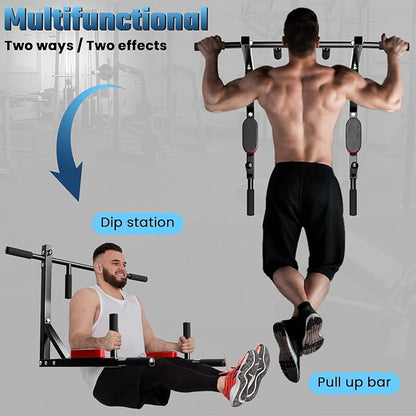 2 in 1 Pull Up Bar,Wall Mounted Pull Up Bar Chin Up for Home Gym Workout,Pull Up Bar Dip Station,Power Tower Set,Heavy Duty Pull-up Chin Up Bar,Indoor Fitness Equipment 440lbs Black