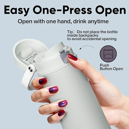 Insulated Water Bottle with Straw - Encool Stainless Steel Water Bottle with Push Button Lid, Leak-Proof & BPA-Free, Keeps Cold for 24 Hours for Sports, Travel, Gym (24 oz, Silver Grey)