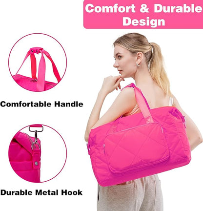 Hot Pink Gym Bag for Women, 18 Inch Lightweight Puffy Carry On Duffel Bag for Travel Sports Yoga, Water Resistant