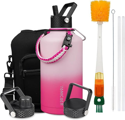 Insulated Water Bottle 87oz,Triple Wall Vacuum Stainless Steel(Dishwasher Safe),Leak Proof & Non-BPA,Flask Jug with Paracord Handle & Straw Spout Lids Sports Cherry Blossom
