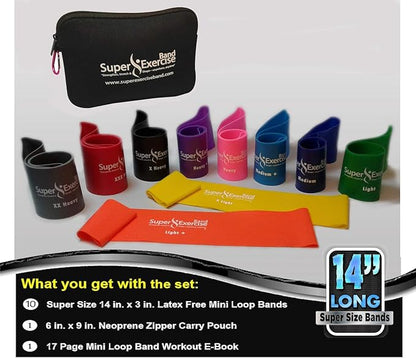 USA 14" x 3" Extra Long Latex Free Mini Loop Bands in 3, 5, 10 Pack Sets. 10 Strengths for Resistance Training, Stretching, Yoga, Toning. Plus an Exclusive iPhone App and E-Book.