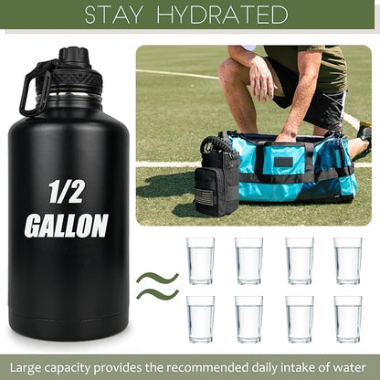 Half Gallon Water Bottle with Sleeve Gym Water Bottles for Men Stainless Steel 64 Oz Big Insulated Water Jug with Strap Sports Workout Hiking All Black
