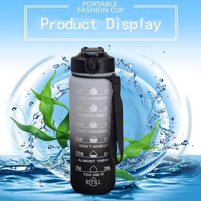 Floral and Horse 32 oz Water Bottle with Times Marker to Drink and Straw, Carrying Strap, Leakproof BPA-Free, Ensure You Drink Enough Water for Fitness, Gym, Camping, Outdoor Sports