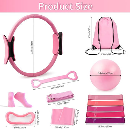 Home Pilates Essentials Kit for Women，Pilates Ring and Ball Magic Circle Booty Bands 8 Resistance Band Toning Fitness Essentials Starter Set Accessories(Pink)