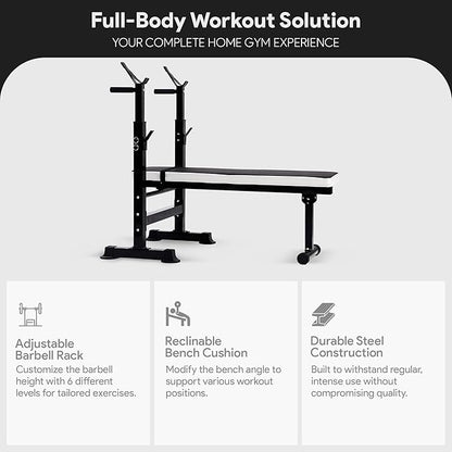BalanceFrom Steel Weight Bench w/ Squat Rack in Multiple Colors, 400 lb User Capacity - Foldable Home Gym Equipment for Range of Workouts w/ 6-Position Barbell Holder & Adjustable Seat and Recliner