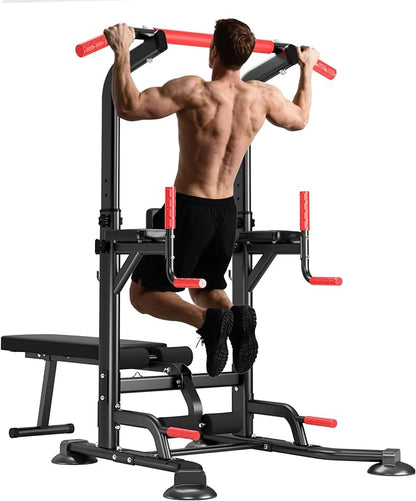 Dland Strength Training Dip Stands, Stand-Up Gym with Bench, Adjustable Bench Press Machine, Home Gym Weightlifting Equipment, Pull-Up Bar Multi-Function Adjustable Leg Press Machine for Weightlifting, Bodybuilding, CrossFit, Yoga, Pilates