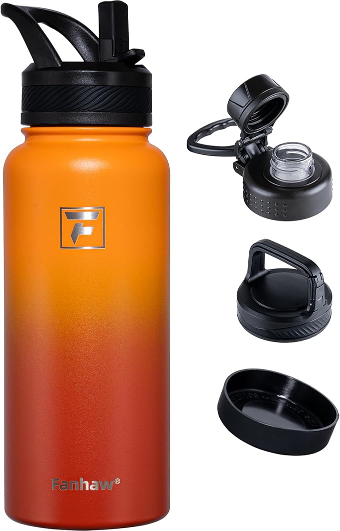 Fanhaw 32 oz Insulated Water Bottle – Portable Stainless Steel Flask with 3 Lids (Straw, Spout, Carabiner) | Leakproof, for Gym, Hiking, Work, Travel & Everyday Use (Yellow Orange)