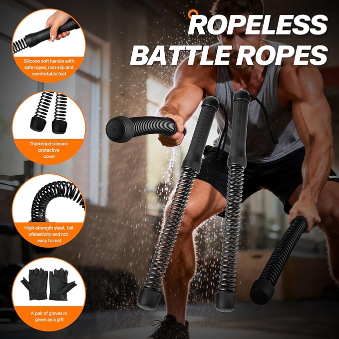 Ropeless Battle Ropes for Home Gym - Portable Cordless Training Rope Fitness Equipment for Men & Women, Weighted Workout Ropes for HIIT, Home and Travel Exercise Equipment