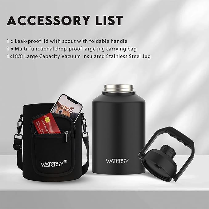 WATERSY 1 Gallon Water Bottle Insulated(Cold for 48 Hrs),BPA Free&Leak Proof,128oz Stainless Steel Water Jug with Handle for Gym,Hiking,Camping&Travel,Black Large Thermo