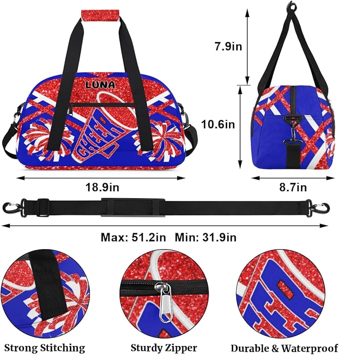 Custom Sports Gym Bag for Girls - Personalized Cheerleading, Dance, Gymnastics, Workout, Travel Overnight Duffel - Small Sleepover Bag, Red Glitters Royal Blue