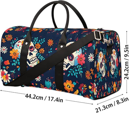 Travel Duffel Bag Colorful Mexican Skull Flower Sport Tote Gym Bag Waterproof Foldable Carryon Weekend Overnight Training Handbag Sports Duffle Bags for Women Men Boys Girls