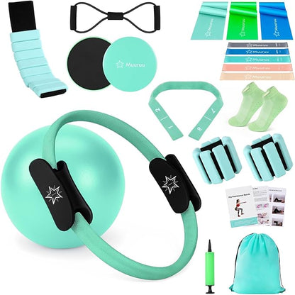 Pilates Equipment Kit for Home Workout, Pilates Ring and Ball Set for Women, 14'' Magic Circle Essentials Accessories Kit, Wrist Weights, Resistance Bands, Yoga Strap, Socks, Bag