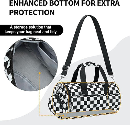Mini Gym Bag for Women Girls Cute Small Duffle Bag 12'' with Multifunctional Pockets Workout Sport Bags Dance,Fitness,Yoga (Balck-white checkered)