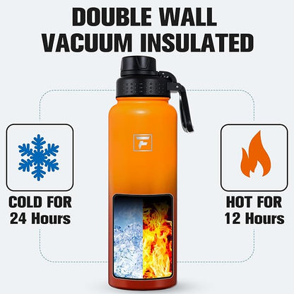 Fanhaw 40 oz Insulated Water Bottle – Stainless Steel Flask with 3 Lids (Straw, Spout, Carabiner) | Durable, Leakproof, for Hiking, Camping, Outdoor Adventures & Travel (Yellow Orange)