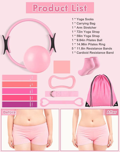 13/15Pcs Pilates Kit for Women, Pilates Equipment for Home Workouts with Magic Circle, Ball, Resistance Bands, Pilates Starter Set for Strength, Toning and Flexibility