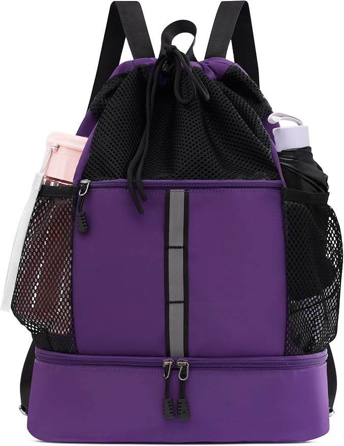 U.helper Waterproof Gym Drawstring Backpack, Sports Sack with Shoes Compartment & Wet Pockets for Ball/Beach/Swim Training