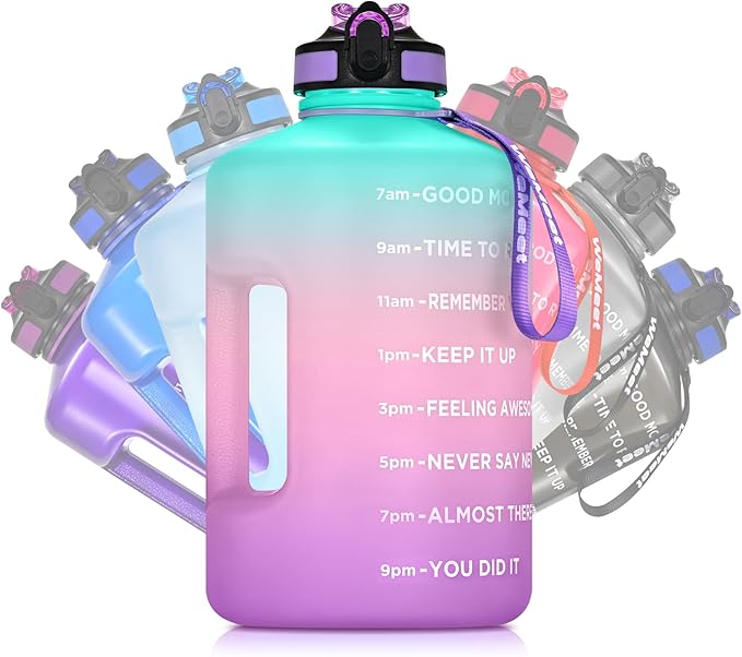 Gallon Sport Water Jug with Time Marker and non-slip handle, Sports Motivational Water Bottle, Wide Mouth with Easy Clean Brush for Outdoor, Fitness, Gym