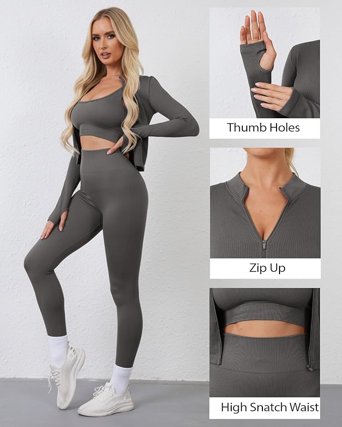 Women 3 Piece Seamless Workout Set Sports Bra High Waisted Gym Yoga Leggings Zip Up Jacket with Thumbhole Activewear