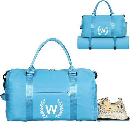 Gym Bag for Women, Personalized Duffle Bag with Shoe Compartment, Sports Bag for Yoga & Dance with Wet Pocket and Mat Strap(AquaBlue,W)