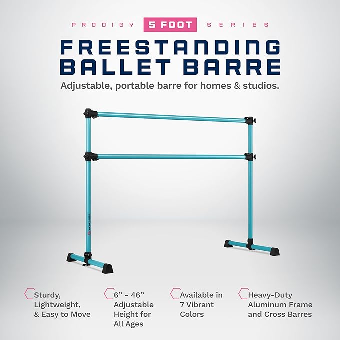 VITA Barre Portable Freestanding Double Ballet Barre, Prodigy, Aluminum | Adjustable Height, USA Made, Home or Gym Exercise Equipment for Kids & Adults | Dance, Fitness, Pilates