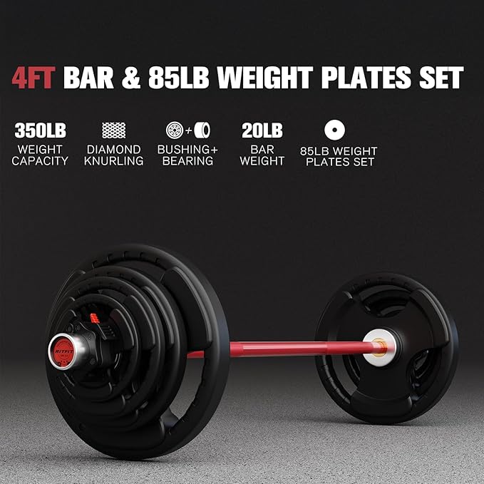 RitFit Barbell Weight Set - 4/6FT Olympic Barbell with Weight Plates (55-115LB Total) - Weightlifting Equipment for Squats, Curls, Deadlifts, Presses, Hip Thrusts