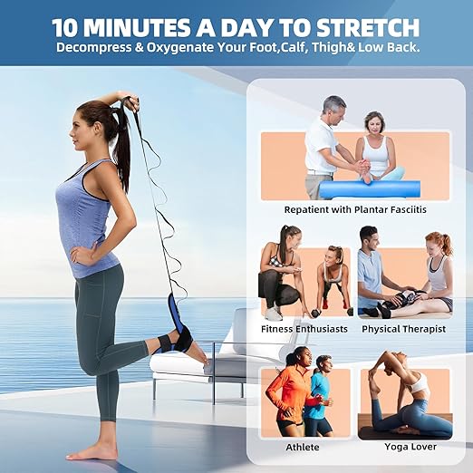 Foot and Calf Stretcher Stretching Strap For Plantar Fasciitis, Heel Spurs, Foot Drop, Achilles Tendonitis & Hamstring. Yoga & Leg Stretch Strap. (Blue)