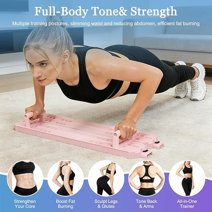 Pilates Reformer Board, 12-in-1 Portable Pilates Board for Home Workout, Core & Abs Toning, Full Body Sculpting Equipment, Pink / White