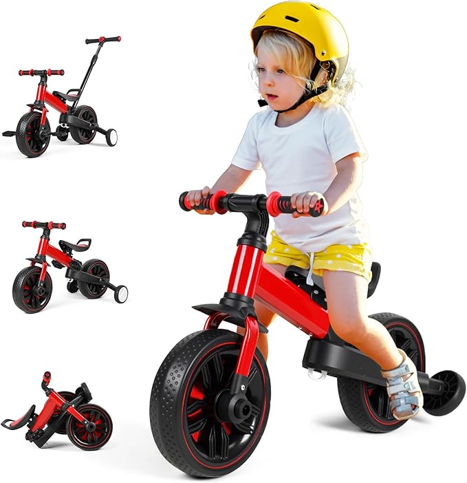 Toddler Bike, 6-in-1 Multi-Functional Kids Bicycle Convertible to Balance Bike, Trike with Training Wheels, Adjustable Saddle and All-Terrain Tires for Boys Girls Age 2-5 (Red)