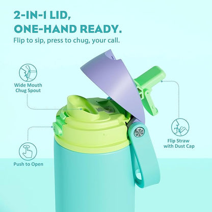 POWCAN 18 oz Insulated Water Bottle: 2-in-1 Push-Button Spout & Quick-Flip Straw, Leakproof, Cold 24Hrs, Fits Car Cup Holder, Stainless Steel Sports Water Bottle, Gift for Women, Girls (Sea Princess)