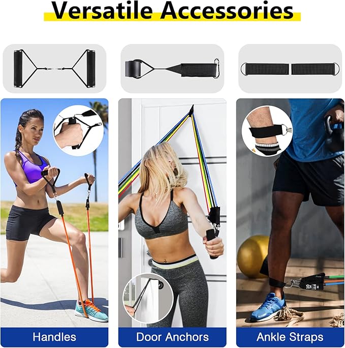 Resistance Bands Set (12pcs), Workout Bands with Handles, Door Anchor, Ankle Straps and Carry Bag, Exercise Bands for Shape Body and Home Workouts
