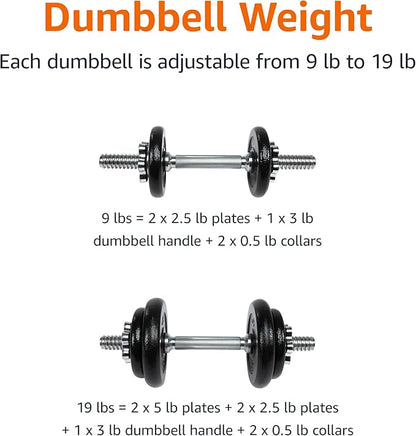 Amazon Basics Adjustable Dumbbell Hand Weight Set with Storage Case, Portable, Secure, 38 Pounds, Black