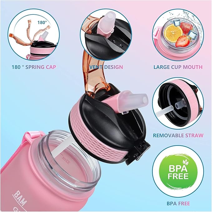 Pug Dog 32 oz Water Bottle with Times Marker to Drink and Straw, Carrying Strap, Leakproof BPA-Free, Ensure You Drink Enough Water for Fitness, Gym, Camping, Outdoor Sports