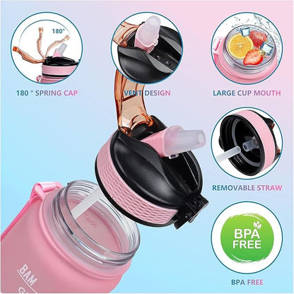 Pug Dog 32 oz Water Bottle with Times Marker to Drink and Straw, Carrying Strap, Leakproof BPA-Free, Ensure You Drink Enough Water for Fitness, Gym, Camping, Outdoor Sports