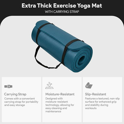 BalanceFrom 71x24 Inches Extra Thick Yoga Mat 1-Inch High-Density Foam – Roll-Up Exercise Pad with Double-Sided Non-Slip Surface and Carrying Strap for Pilates and Home Workouts, Multiple Colors