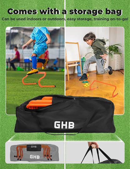 GHB Speed Agility Training Equipment, 5 Pack Agility Hurdles Soccer Cones 12 Pack Detachable Sturdy Hurdles Training Equipment Set with Carry Bag for Athletes,Soccer,Basketball